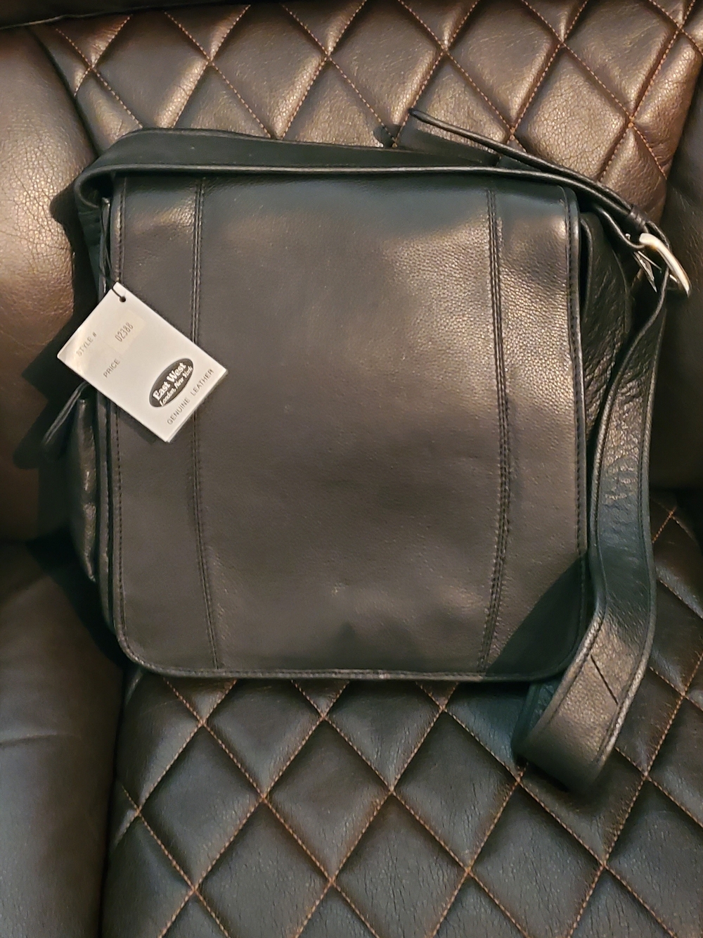 Black Leather Messager Crossbody Bag - Unbranded